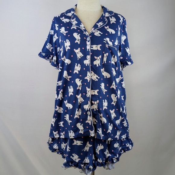 Rene Rofe Other - René Rofé French Bulldog Print PJ Set Short Sleeve Top Shorts Navy White L NWT